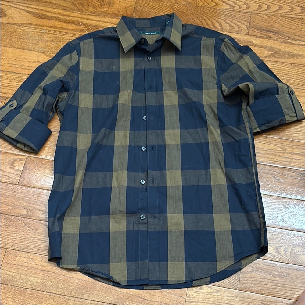 Perry Ellis Navy and Tan Checkered Shirt